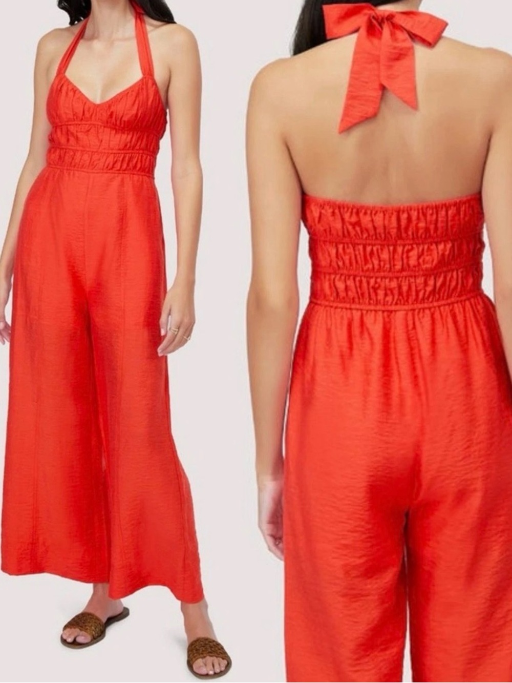 Lost + Wander Coral-Red Halter Wide-Leg Jumpsuit